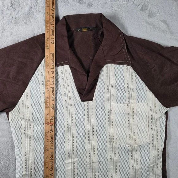 John Blair Polo Shirt Mens Medium Brown Cream 70s Vintage Stripe Knit V-Neck - Picture 6 of 7